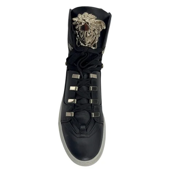 Versace Medusa‎ High Top Sneakers Black Gold Leather Made in Italy Size 40